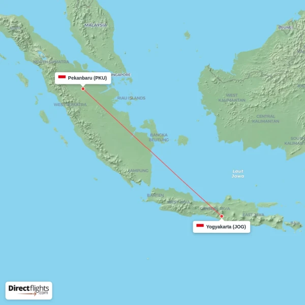 Pekanbaru - Yogyakarta direct flight map