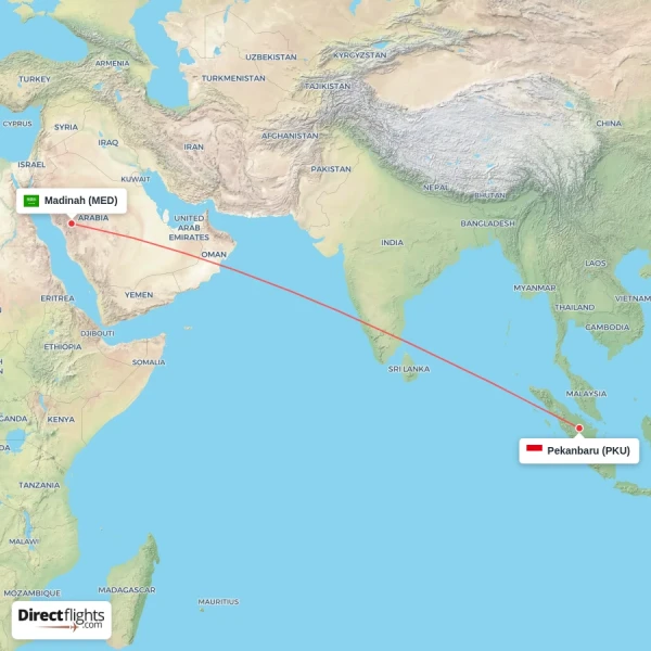Pekanbaru - Madinah direct flight map