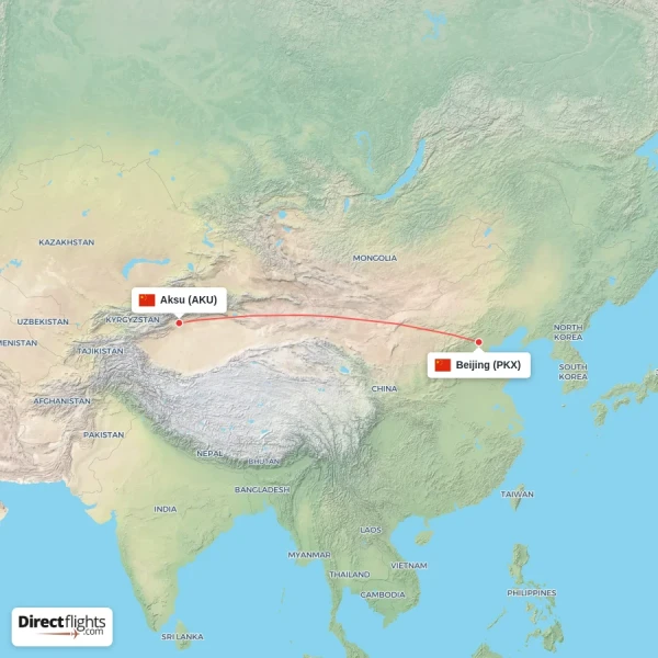 Beijing - Aksu direct flight map