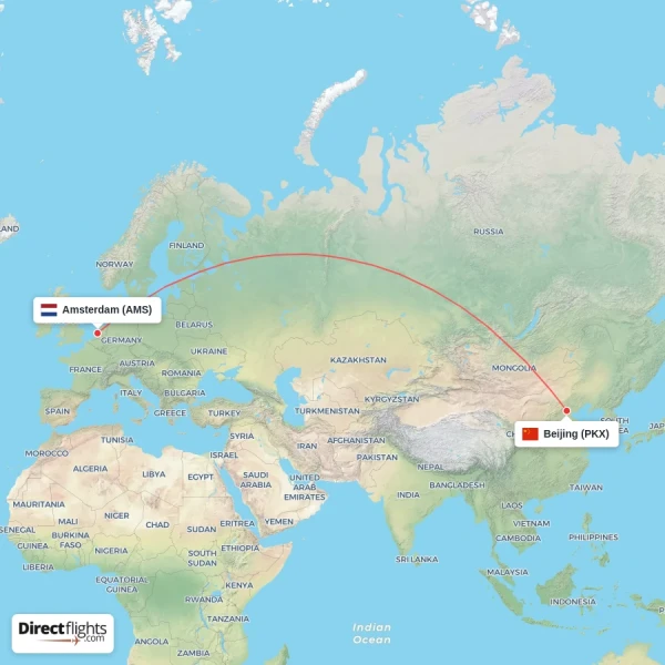 Beijing - Amsterdam direct flight map