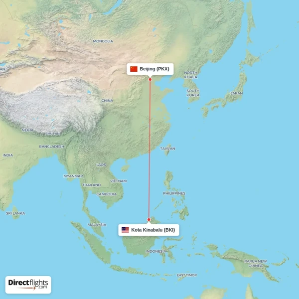 Beijing - Kota Kinabalu direct flight map