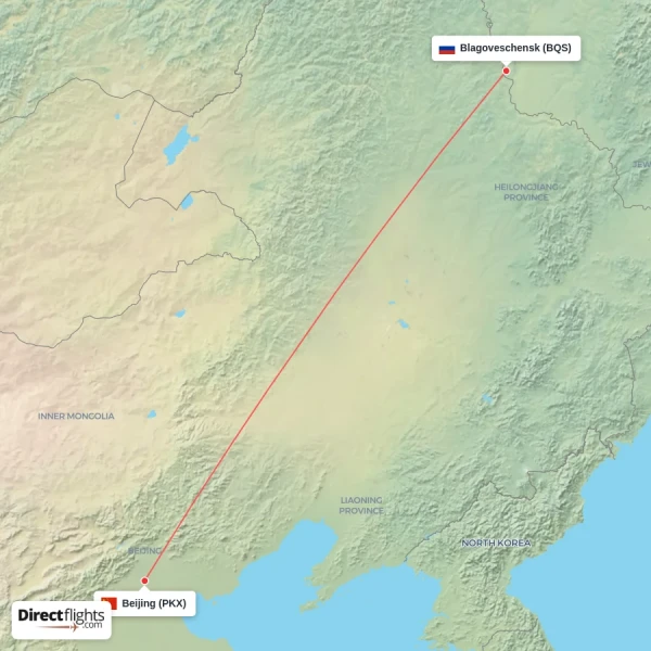 Beijing - Blagoveschensk direct flight map