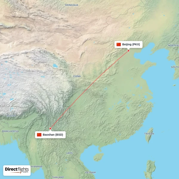 Beijing - Baoshan direct flight map