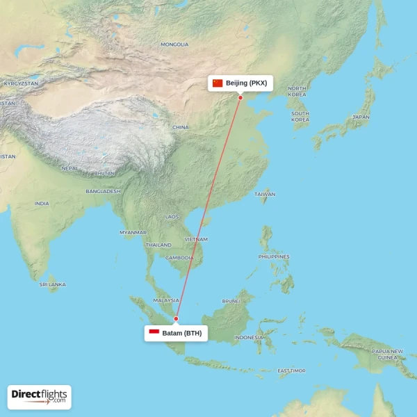 Beijing - Batam direct flight map