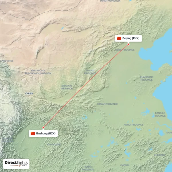 Beijing - Bazhong direct flight map