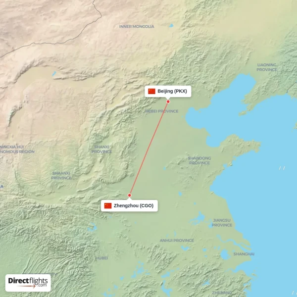 Beijing - Zhengzhou direct flight map