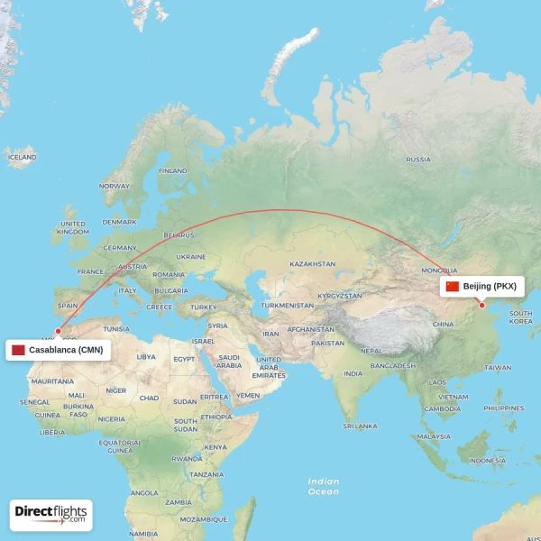 Beijing - Casablanca direct flight map