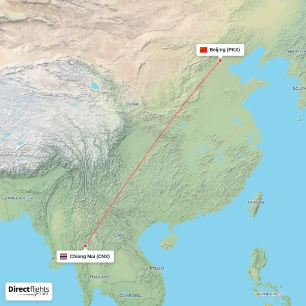 Beijing - Chiang Mai direct flight map