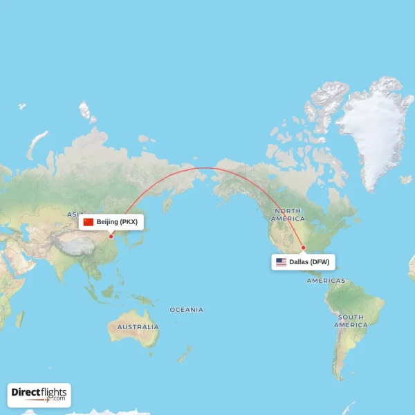 Beijing - Dallas direct flight map