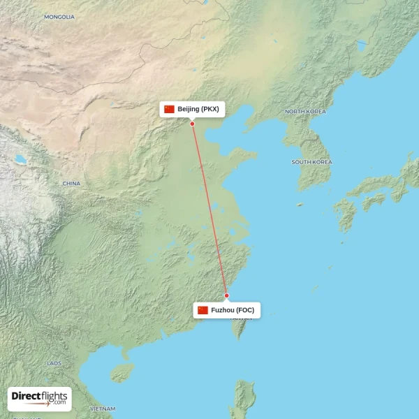 Beijing - Fuzhou direct flight map