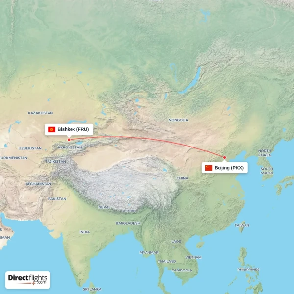 Beijing - Bishkek direct flight map