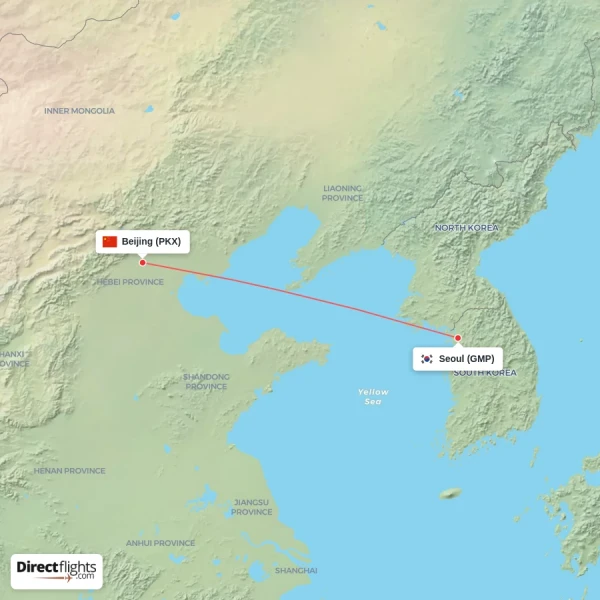 Beijing - Seoul direct flight map
