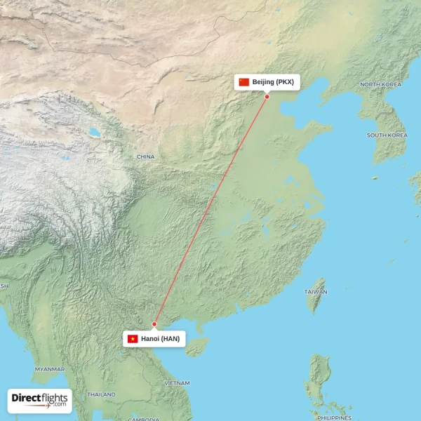 Beijing - Hanoi direct flight map