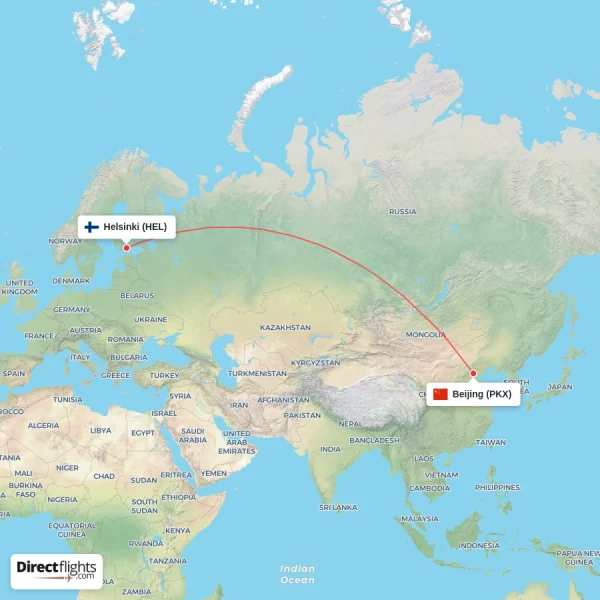 Beijing - Helsinki direct flight map