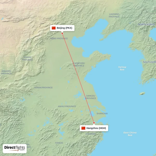 Beijing - Hangzhou direct flight map