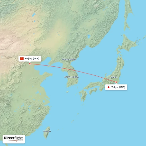 Beijing - Tokyo direct flight map