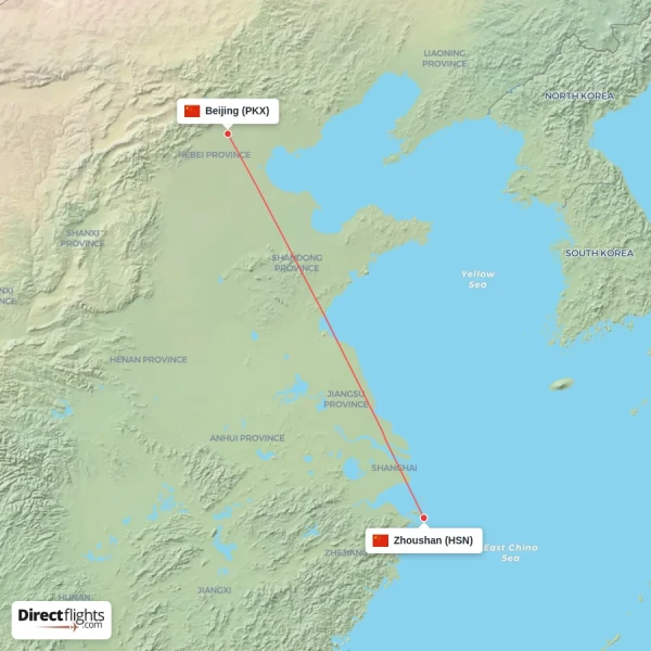 Beijing - Zhoushan direct flight map