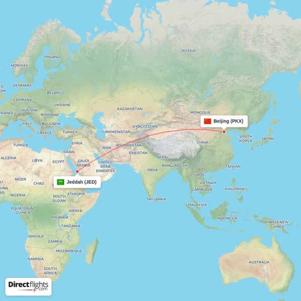 Beijing - Jeddah direct flight map