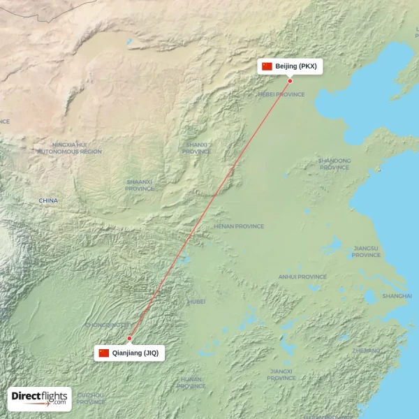 Beijing - Qianjiang direct flight map