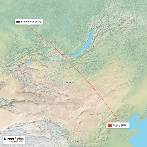 Beijing - Krasnojarsk direct flight map