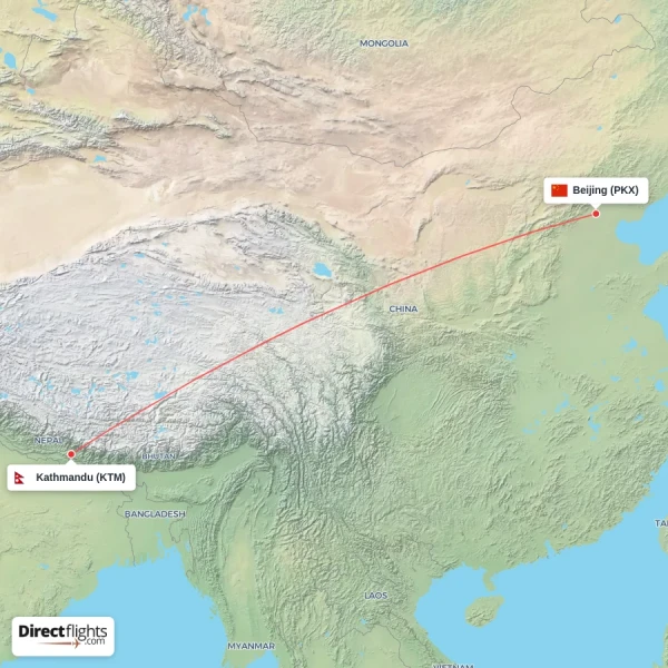 Beijing - Kathmandu direct flight map