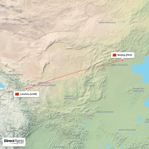 Beijing - Lanzhou direct flight map