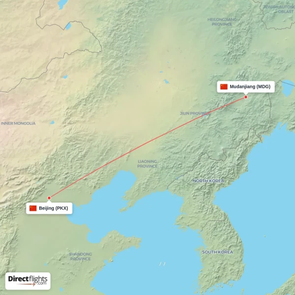 Beijing - Mudanjiang direct flight map