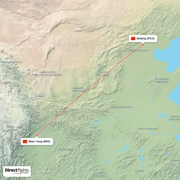 Beijing - Mian Yang direct flight map
