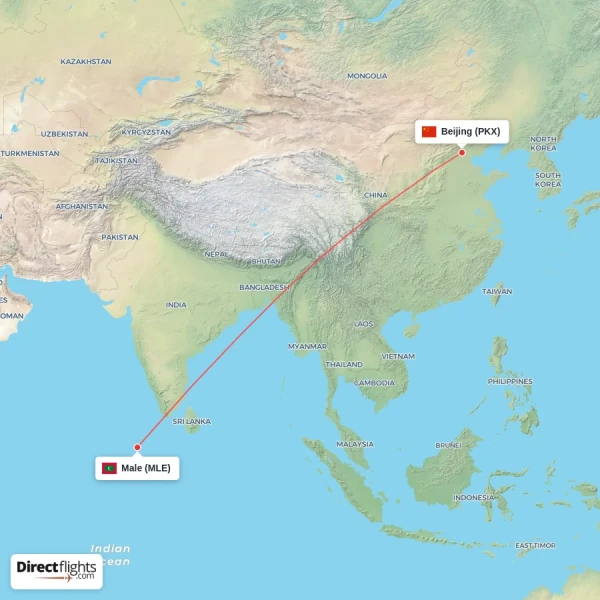 Beijing - Male direct flight map