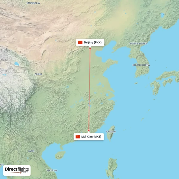 Beijing - Mei Xian direct flight map