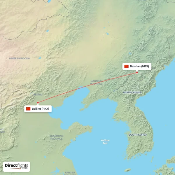 Beijing - Baishan direct flight map