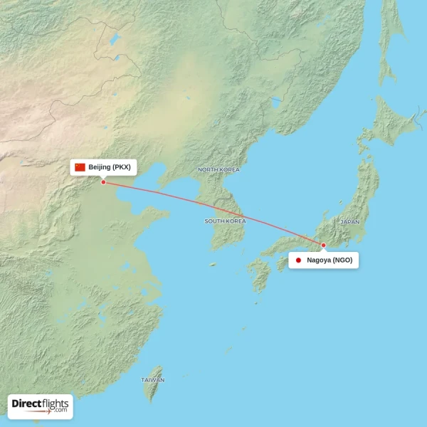 Beijing - Nagoya direct flight map