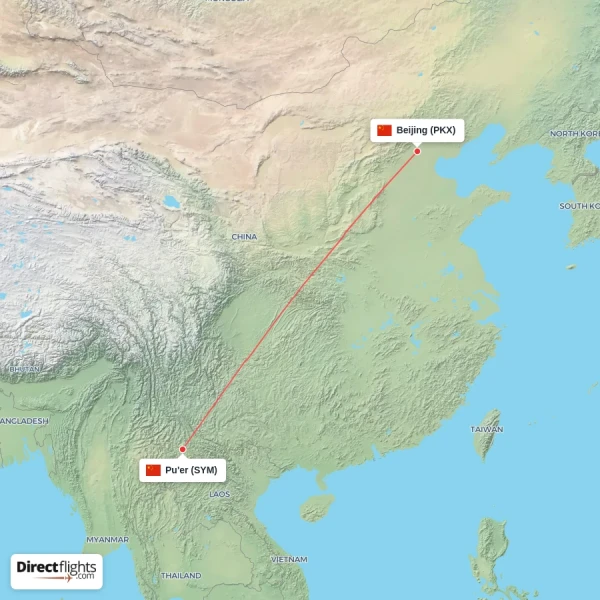 Beijing - Pu'er direct flight map