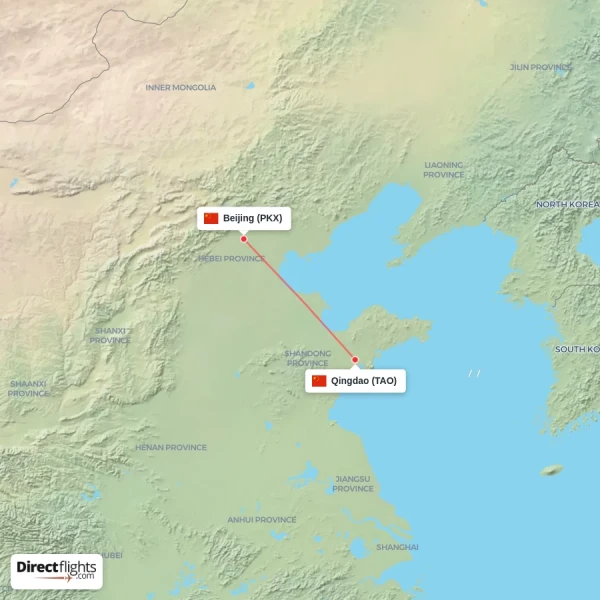 Beijing - Qingdao direct flight map