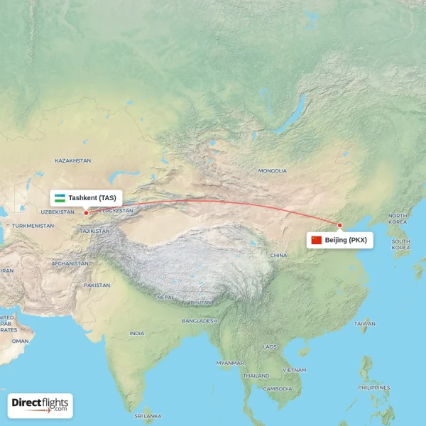 Beijing - Tashkent direct flight map