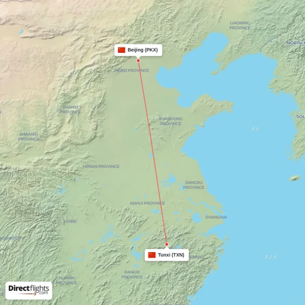 Beijing - Tunxi direct flight map