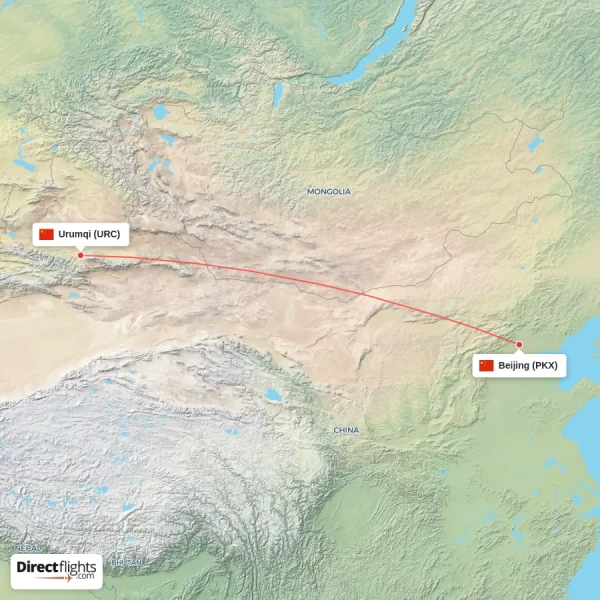 Beijing - Urumqi direct flight map