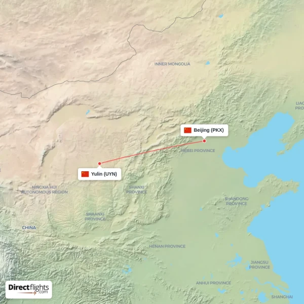 Beijing - Yulin direct flight map
