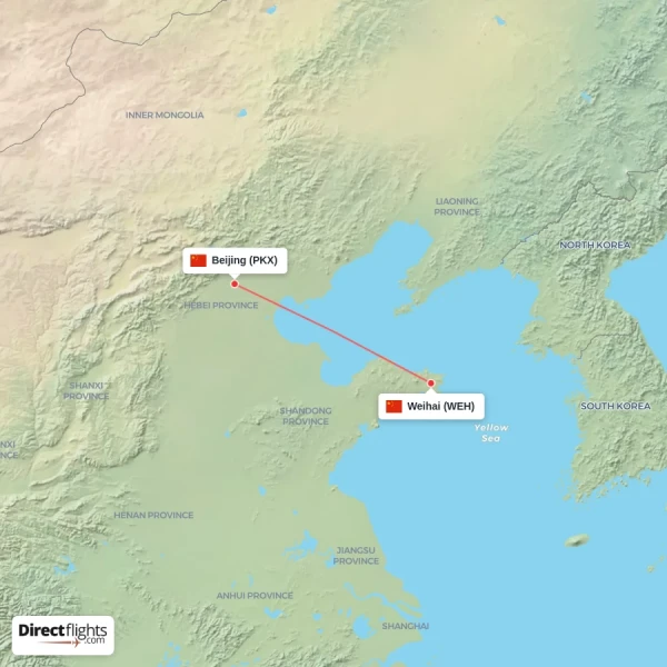 Beijing - Weihai direct flight map