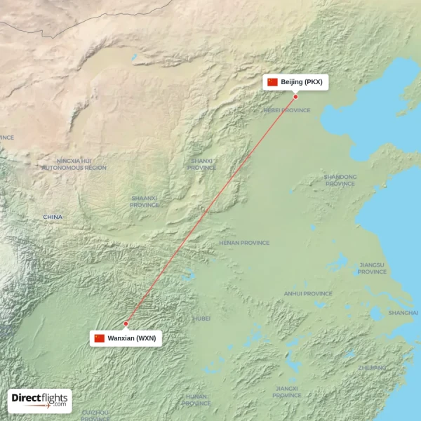 Beijing - Wanxian direct flight map
