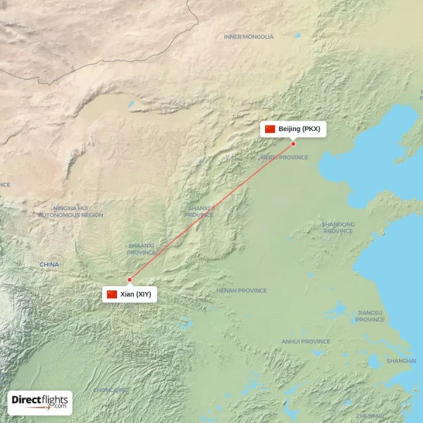 Beijing - Xian direct flight map