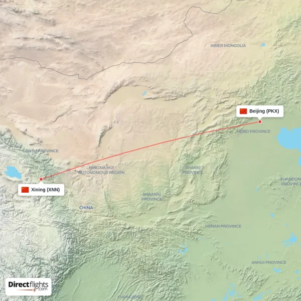 Beijing - Xining direct flight map
