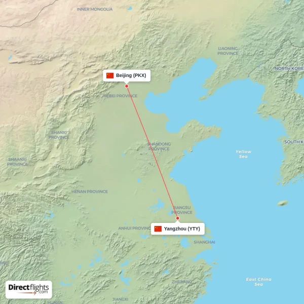 Beijing - Yangzhou direct flight map