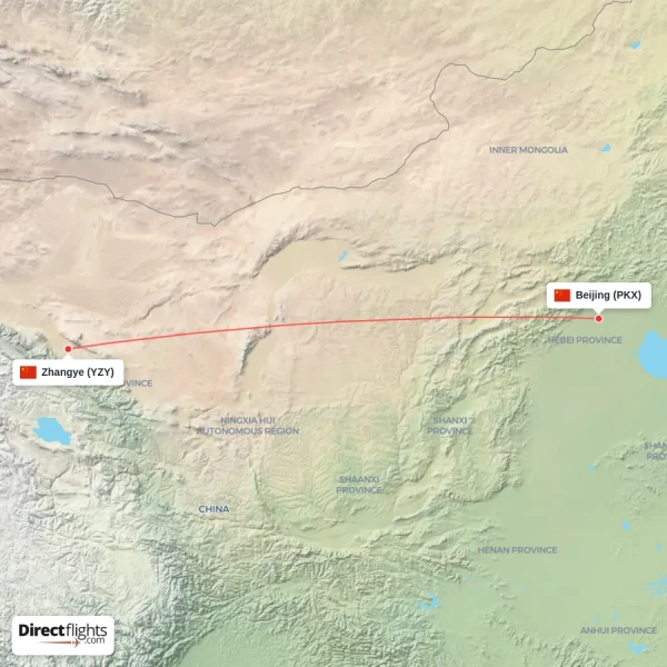Beijing - Zhangye direct flight map