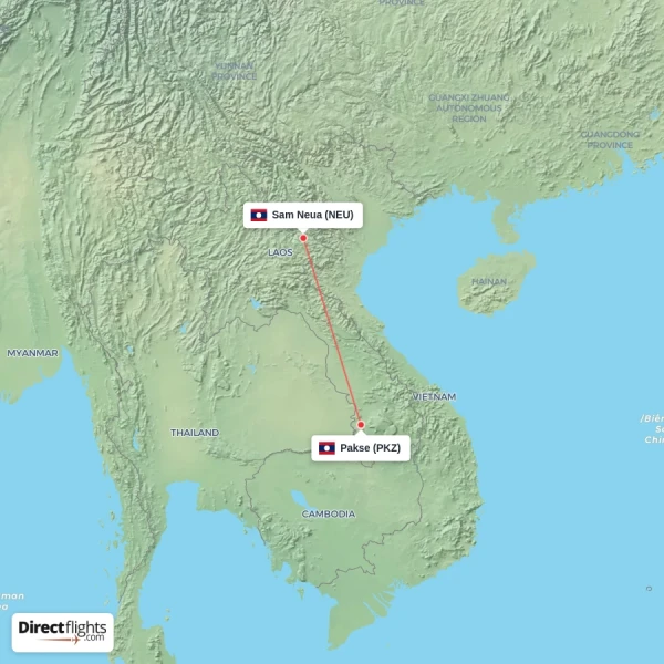 Pakse - Sam Neua direct flight map