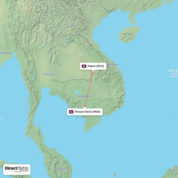 Pakse - Phnom Penh direct flight map