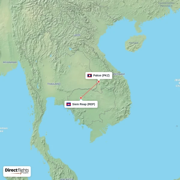 Pakse - Siem Reap direct flight map