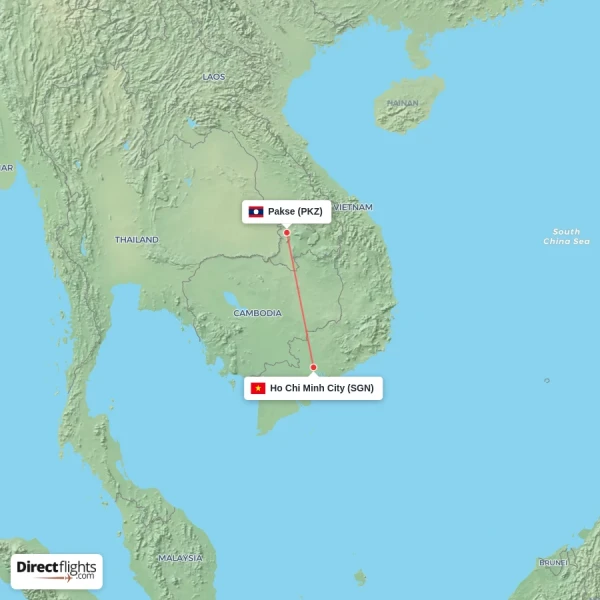 Pakse - Ho Chi Minh City direct flight map