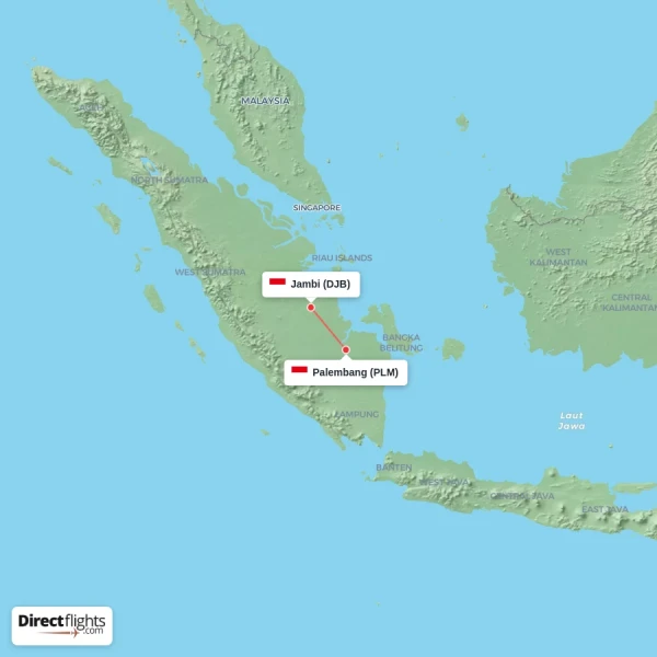 Palembang - Jambi direct flight map