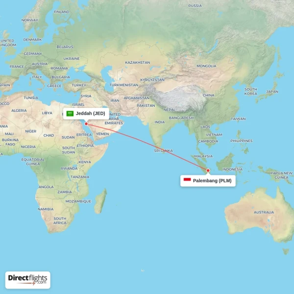 Palembang - Jeddah direct flight map
